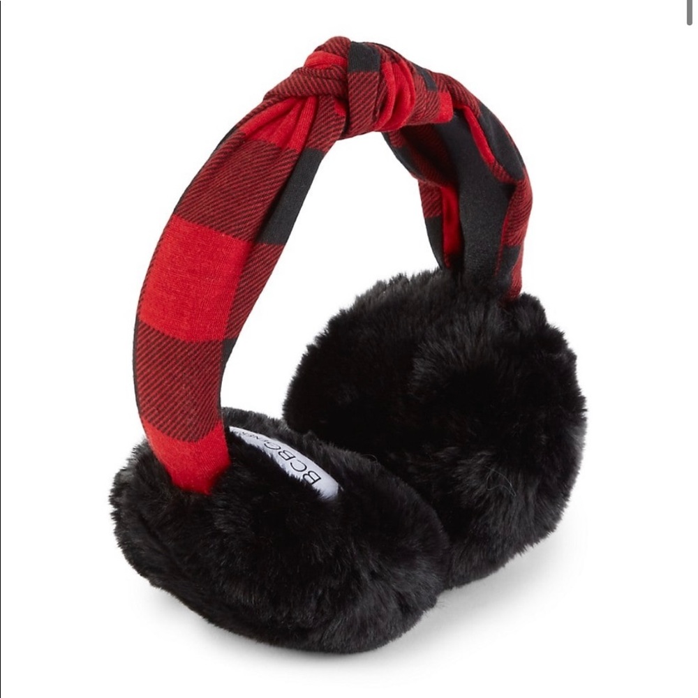 BCBGeneration Buffalo plaid faux fur earmuffs NWT